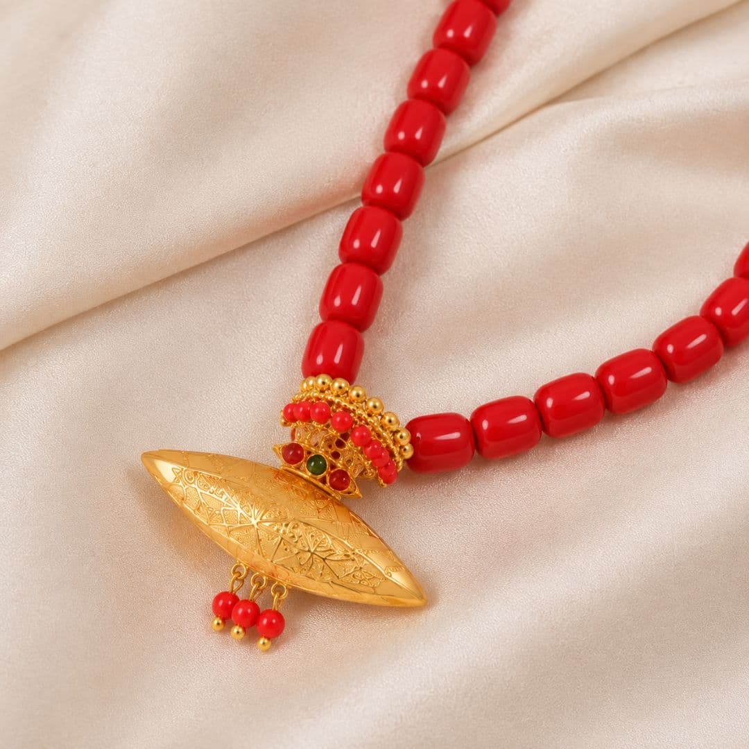 Traditional Red Pote Mala with Gold-Tone Pendant