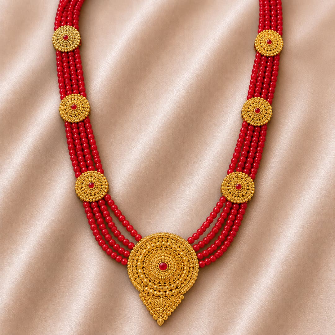 Traditional Red Ranihaar Multi-Layer Beaded Necklace