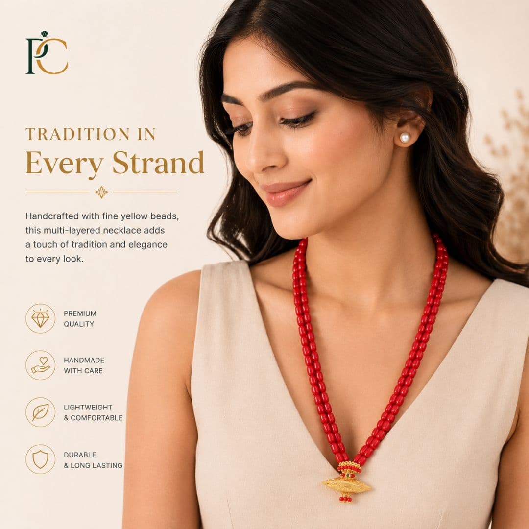 Traditional Red Pote Mala with Gold-Tone Pendant