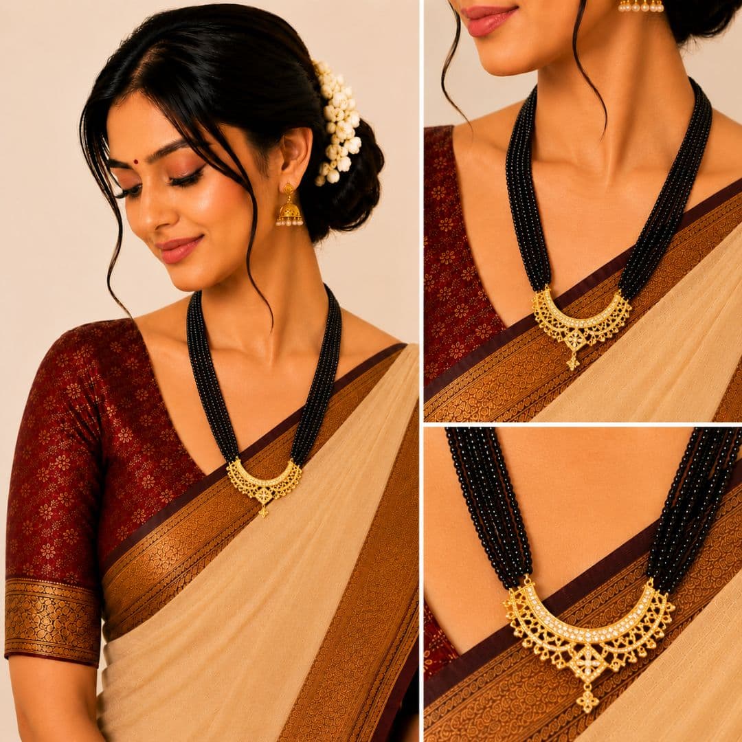 Classic Black Beaded Mangalsutra with Gold-Toned Pendant - image 3
