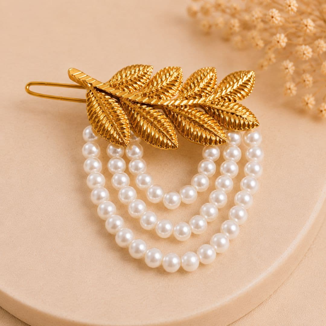 Golden Leaf Pearl Hair Clip - image 4