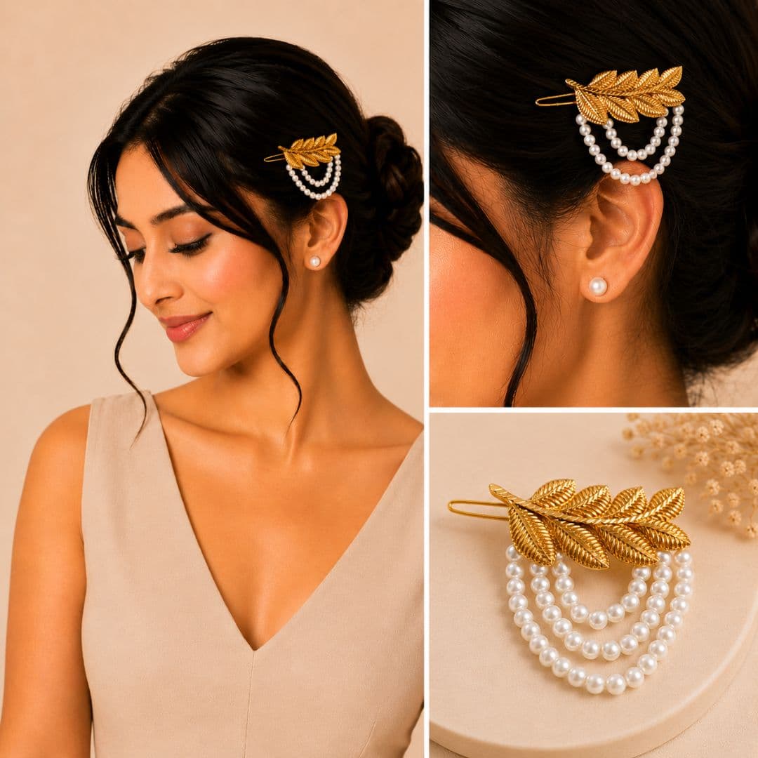 Golden Leaf Pearl Hair Clip - image 3