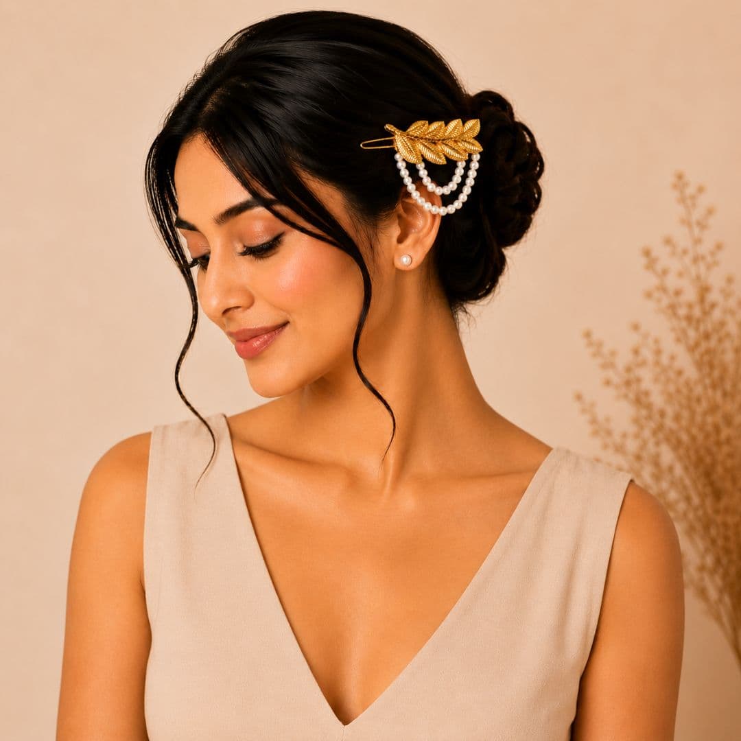 Golden Leaf Pearl Hair Clip - image 2