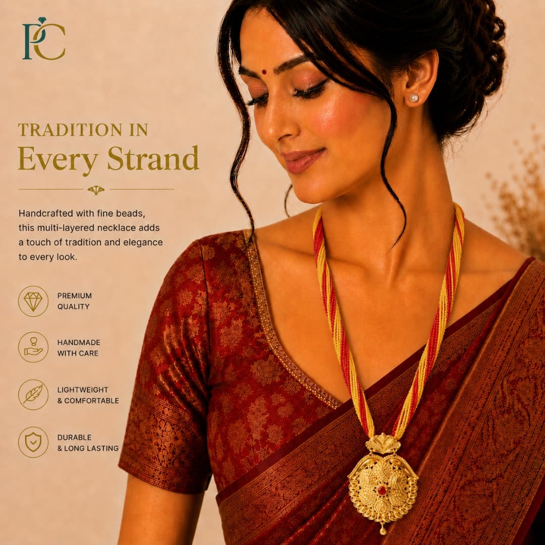 Red & Yellow beaded Heritage Pendant Ranihaar