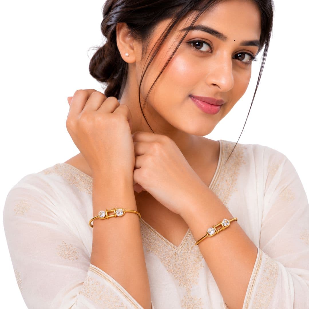 Crystal White Stone Gold-Toned Bangle Pair