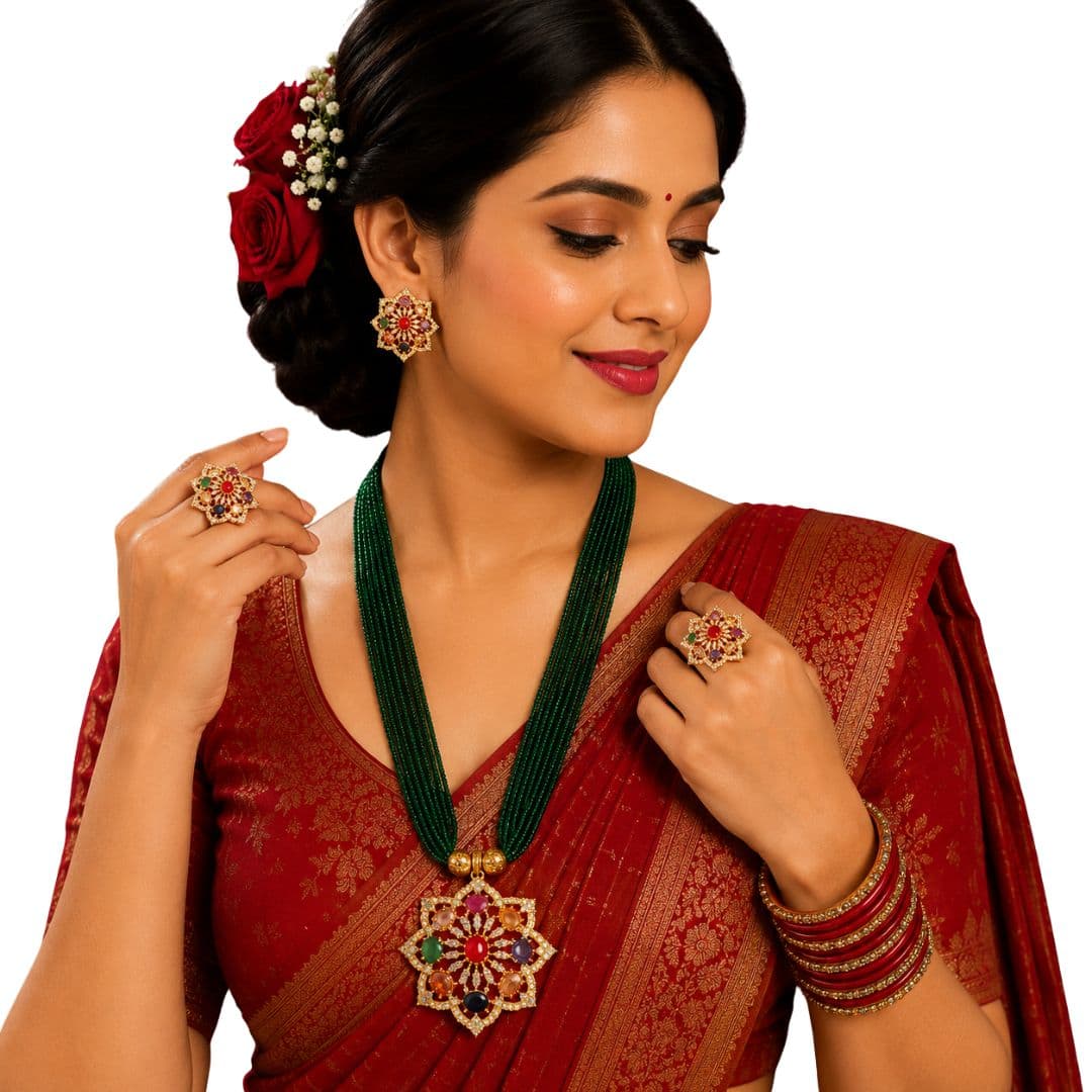 Emerald Navratna Floral Pendant Ranihaar Set