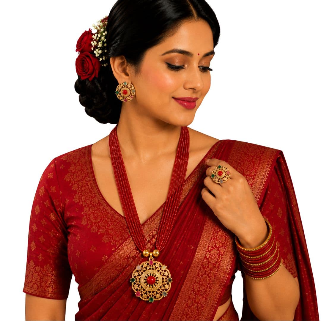 Ruby Navratna Crystal Ranihaar Necklace Set